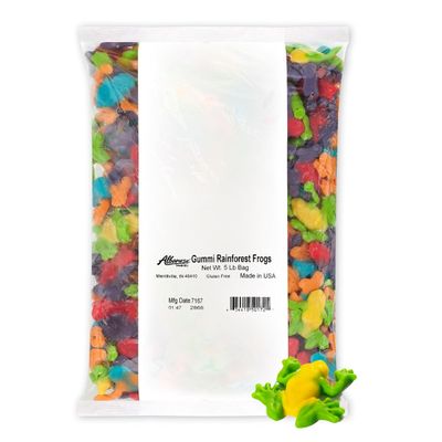 Albanese Candy Gummi Rainforest Frogs| 5 Pound Bag| Assorted Gummi Frogs: Blue Raspberry & Orange| Strawberry & Grape| Sour Lemon & Sour Green Apple; Gluten Free Dairy Free Fat Free