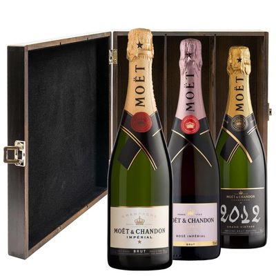Moet and Chandan The Mixed Collection in Luxurious Stained Wooden Box with Hinged Lid and Clasp NV 75 cl (Case of 3)