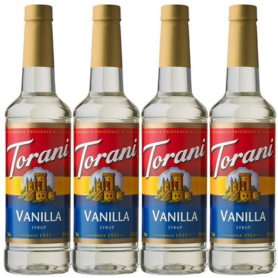 Torani Vanilla Syrup for Coffee (4 x 750ml) - Premium Cane Sugar Coffee Syrup Gift Set, Flavouring for Hot & Cold Drinks - Rich Vanilla Taste, Vegetarian-Friendly