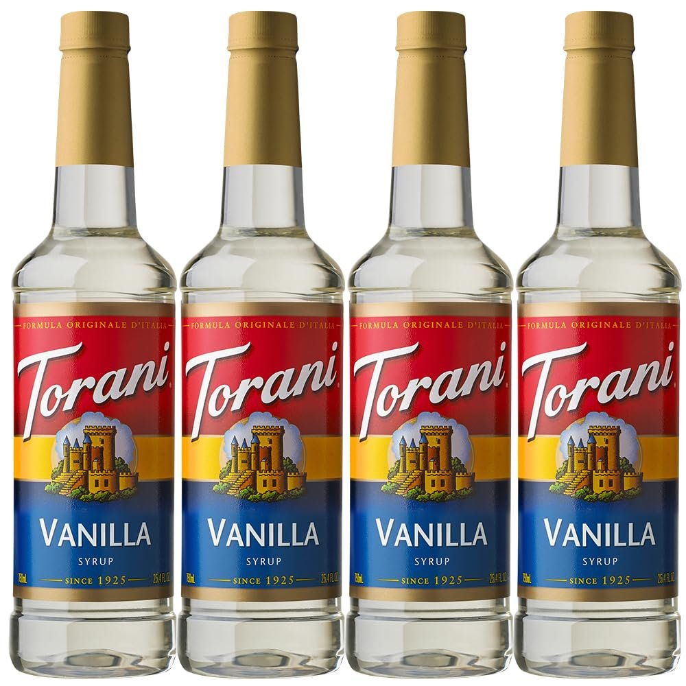 Torani Vanilla Syrup for Coffee (4 x 750ml) - Premium Cane Sugar Coffee Syrup Gift Set, Flavouring for Hot & Cold Drinks - Rich Vanilla Taste, Vegetarian-Friendly