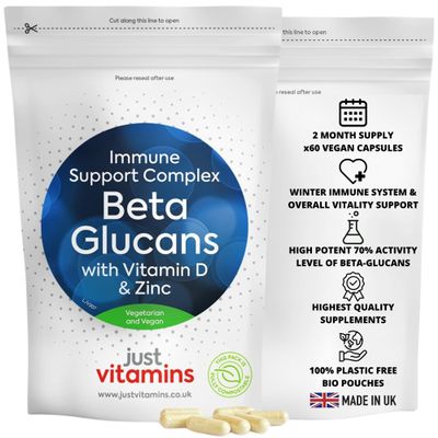 Beta Glucans 200mg 1,3/1,6 with Vitamin D & Zinc | 60 Vegan Capsules | Winter Immune System Support, Boosts Natural Defenses, Enhances Overall Health | UK Made - Just Vitamins