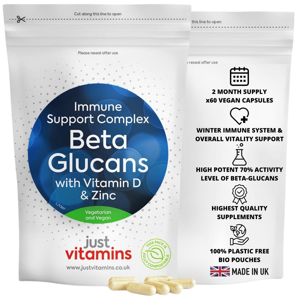 Beta Glucans 200mg 1,3/1,6 with Vitamin D & Zinc | 60 Vegan Capsules | Winter Immune System Support, Boosts Natural Defenses, Enhances Overall Health | UK Made - Just Vitamins