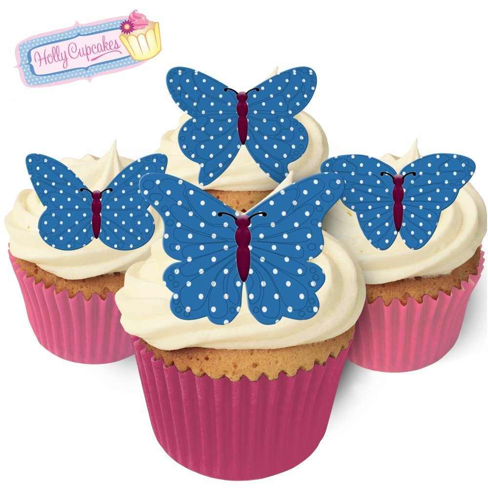 12 Edible Polka Dot Wafer Butterflies & Polka Dot Muffin Cases: Blue