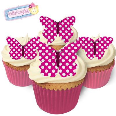 12 Edible Polka Dot Wafer Butterflies & Polka Dot Muffin Cases: Cerise