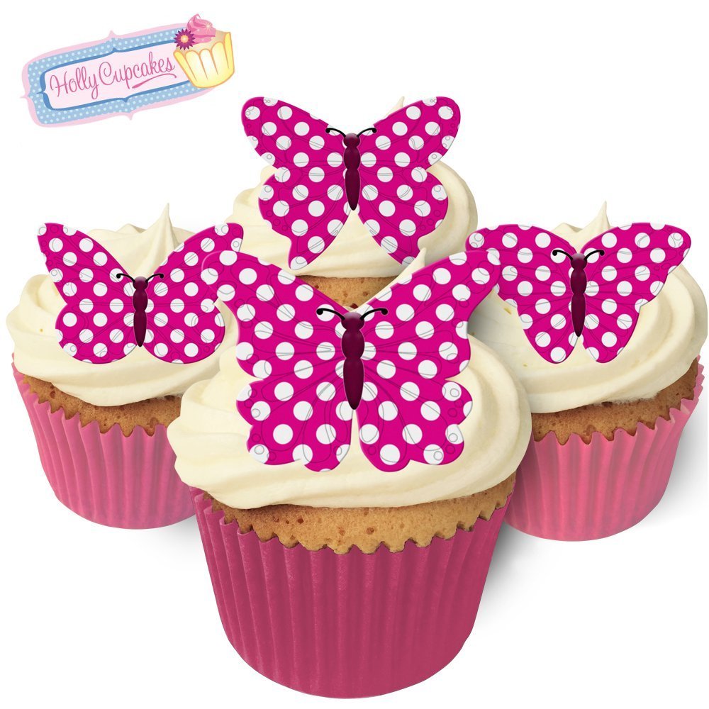 12 Edible Polka Dot Wafer Butterflies & Polka Dot Muffin Cases: Cerise