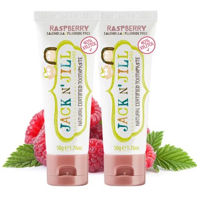 Jack N Jill Natural Certified Kids Toothpaste  Fluoride-Free Toddler & Baby Toothpaste with 40% Xylitol, No Sugar, Suitable from 6 Months+, Organic Raspberry Flavour, Pack of 2 (50g Each)