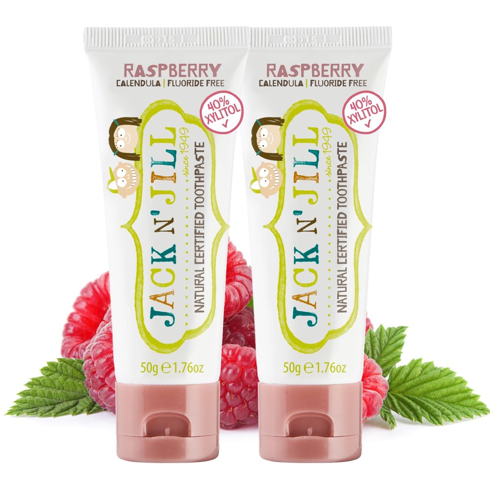 Jack N Jill Natural Certified Kids Toothpaste  Fluoride-Free Toddler & Baby Toothpaste with 40% Xylitol, No Sugar, Suitable from 6 Months+, Organic Raspberry Flavour, Pack of 2 (50g Each)
