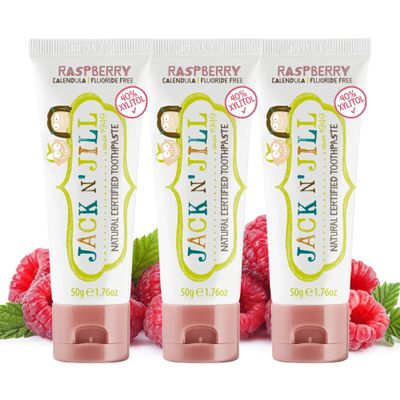Jack N Jill Natural Certified Kids Toothpaste Fluoride-Free Toddler & Baby Toothpaste with 40% Xylitol, No Sugar, Suitable from 6 Months+, Organic Raspberry Flavour, Pack of 3 (50g Each)