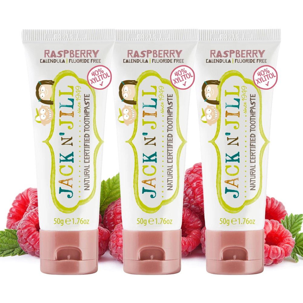 Jack N Jill Natural Certified Kids Toothpaste Fluoride-Free Toddler & Baby Toothpaste with 40% Xylitol, No Sugar, Suitable from 6 Months+, Organic Raspberry Flavour, Pack of 3 (50g Each)