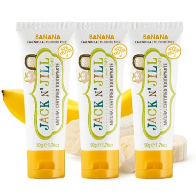 Jack N Jill Natural Certified Kids Toothpaste Fluoride-Free Toddler & Baby Toothpaste with 40% Xylitol, No Sugar, Suitable from 6 Months+, Organic Banana Flavour, Pack of 3 (50g Each)
