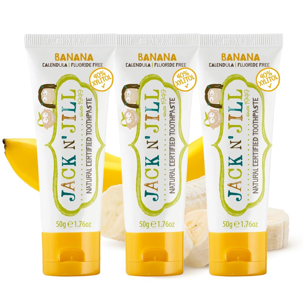 Jack N Jill Natural Certified Kids Toothpaste Fluoride-Free Toddler & Baby Toothpaste with 40% Xylitol, No Sugar, Suitable from 6 Months+, Organic Banana Flavour, Pack of 3 (50g Each)