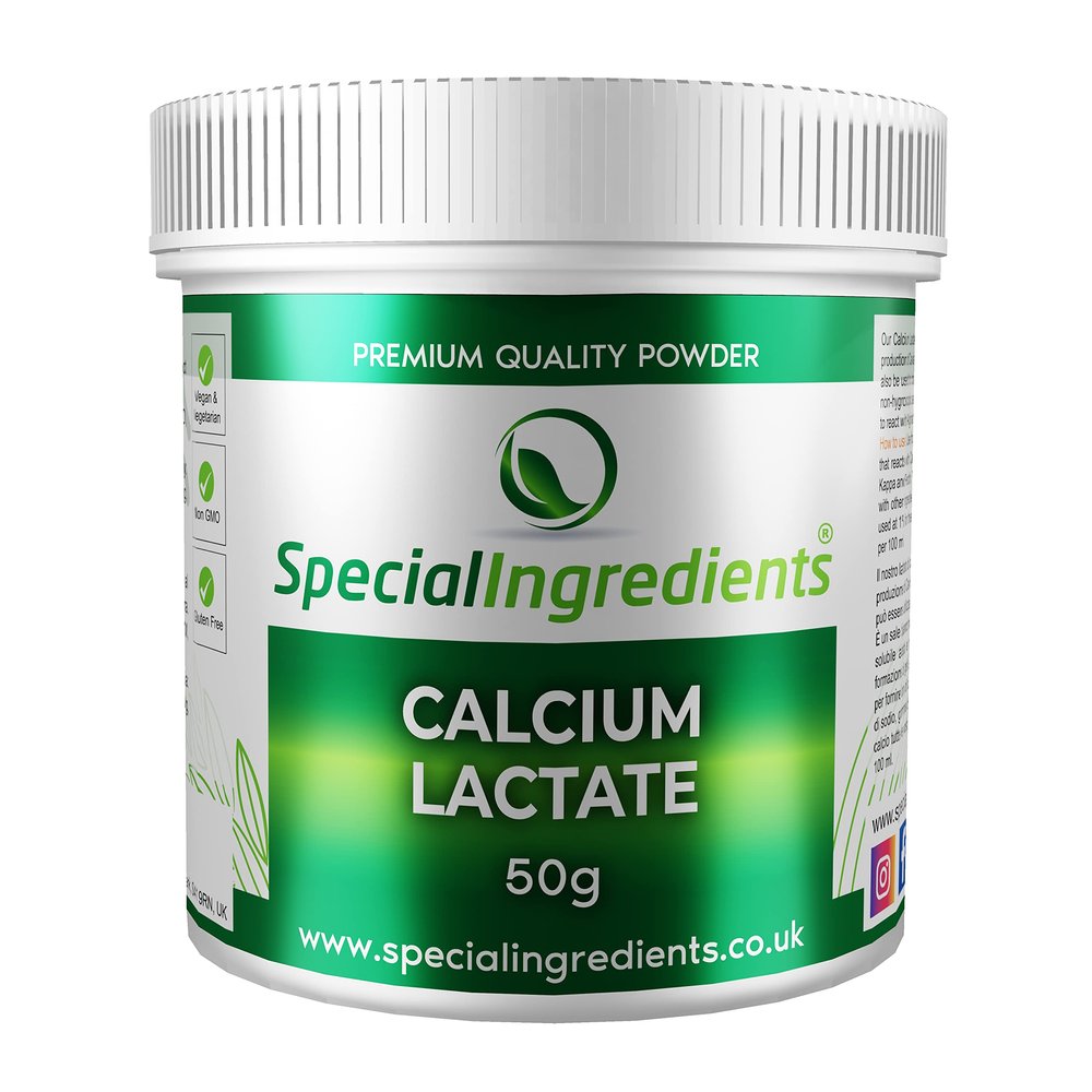 Special Ingredients Calcium Lactate Powder 50g Premium Quality Suitable for Vegans & Vegetarians, Non-GMO, Gluten Free - Recyclable Container