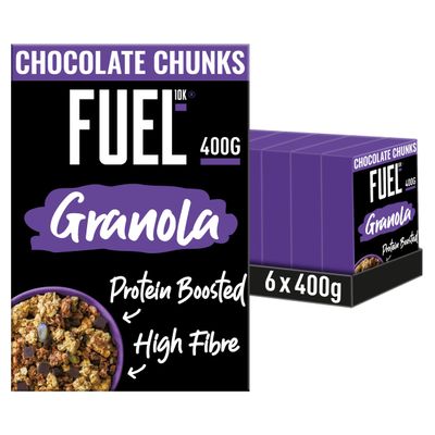 FUEL10K Protein Boosted, Chunky Granola, Chocolate Loaded, 6 x 400 Gram Box - High Fibre, Vitamin Boosted Vegan Cereal with Dark Chocolate Pieces, Jumbo Oats & Pumpkin Seeds