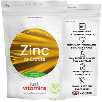 Zinc Citrate 10mg | 100% NRV of Zinc per Tablet | Healthy Bones, Skin, Eyes, Hair & Nails | Cognitive Function & Immune System Support | 180 Vegan Tablets | UK Made - Just Vitamins