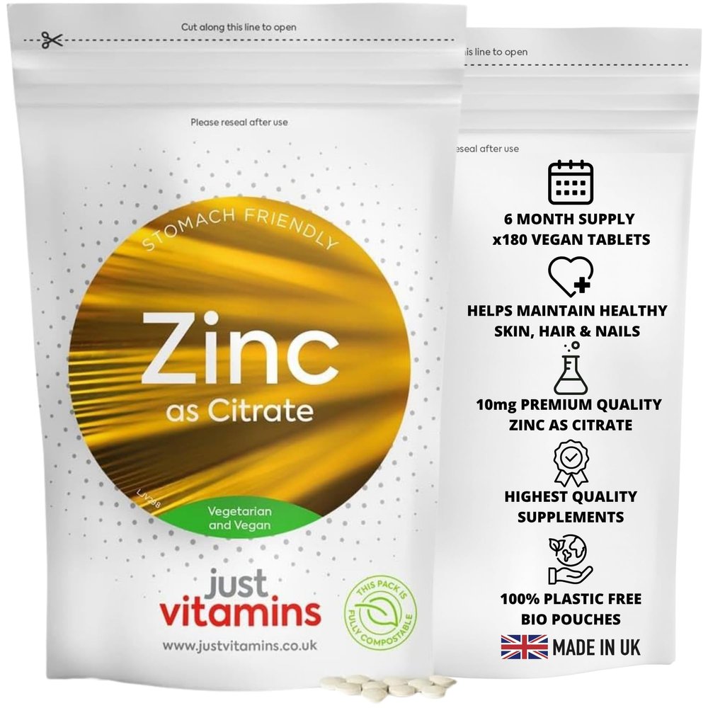 Zinc Citrate 10mg | 100% NRV of Zinc per Tablet | Healthy Bones, Skin, Eyes, Hair & Nails | Cognitive Function & Immune System Support | 180 Vegan Tablets | UK Made - Just Vitamins