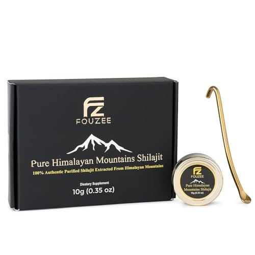 FOUZEE Pure Himalayan Mountains Shilajit - 82% + Fulvic Acid Authentic Hard Consistency, Natural Source of Fulvic Acid, Over 85 Trace Minerals, Includes Stainless Steel Spoon (10 Grams)