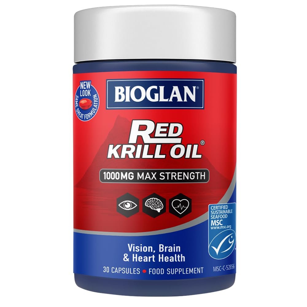 Bioglan Red Krill Oil Max Strength 1000 mg high in Omega-3 Fish Oil, EPA & DHA Help to Support Your Heart, Eye and Brain Health, One Month Supply 30 Count