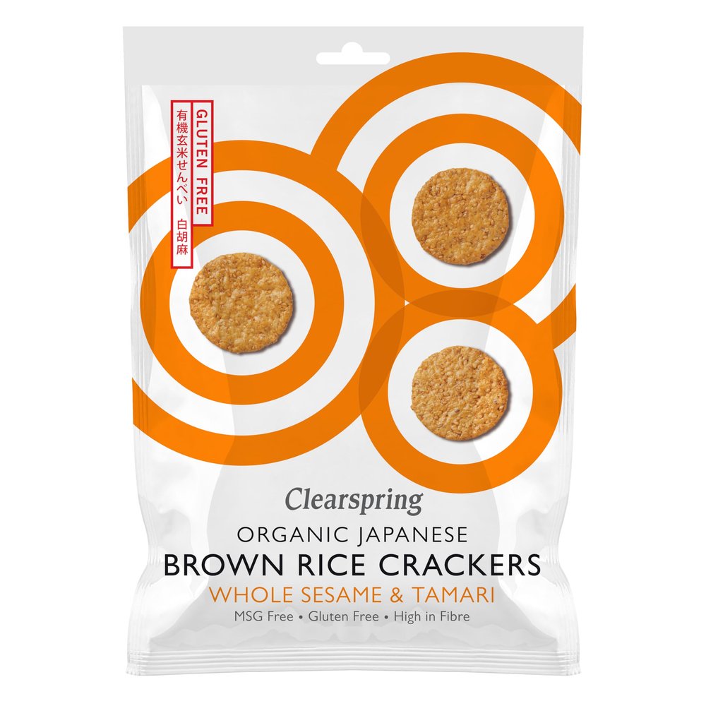 Clearspring Organic Japanese Brown Rice Crackers | Whole Sesame & Tamari | 12 Packs X 40g | Gluten Free | High in Fibre | Vegan | Great Taste Awards