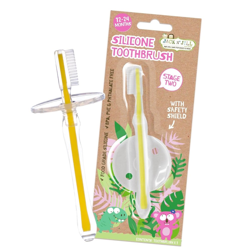 Jack N Jill Silicone Toothbrush Gentle Toddler & Baby Toothbrush with Soft Food Grade Bristles, Easy Grip Handle, Safety Shield Included, Gentle on First Teeth, for Ages 12-24 Months