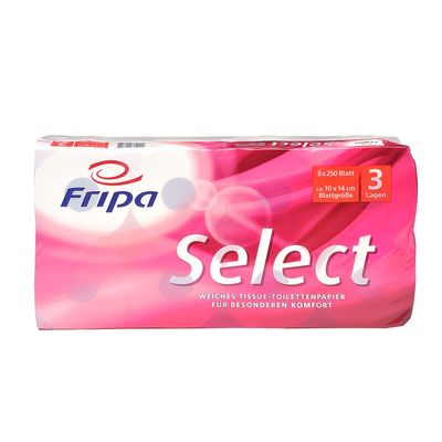 Fripa 3-Ply Toilet Paper Select: 8 x 250 Sheets, 100% Cellulose, White, Pack of 8