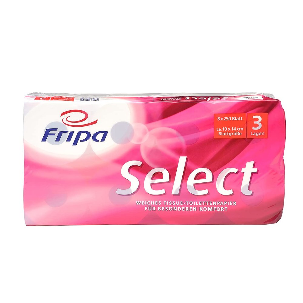 Fripa 3-Ply Toilet Paper Select: 8 x 250 Sheets, 100% Cellulose, White, Pack of 8