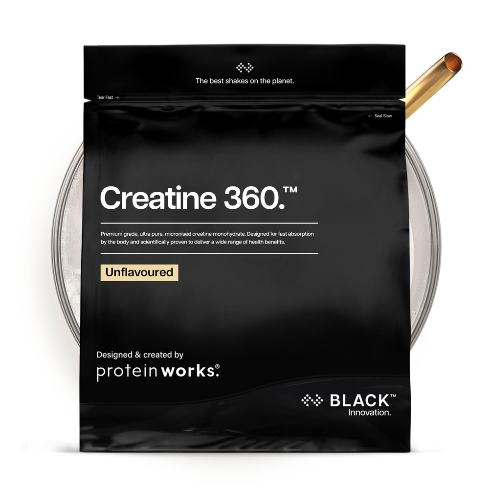 Protein Works | Creatine 360 - Black Innovation, Creatine Monohydrate, Micronised Creatine Powder, 100% Purity, 200 Mesh Ultra Fine Creatine, Energy & Performance, Unflavoured, 83 Servings, 250g