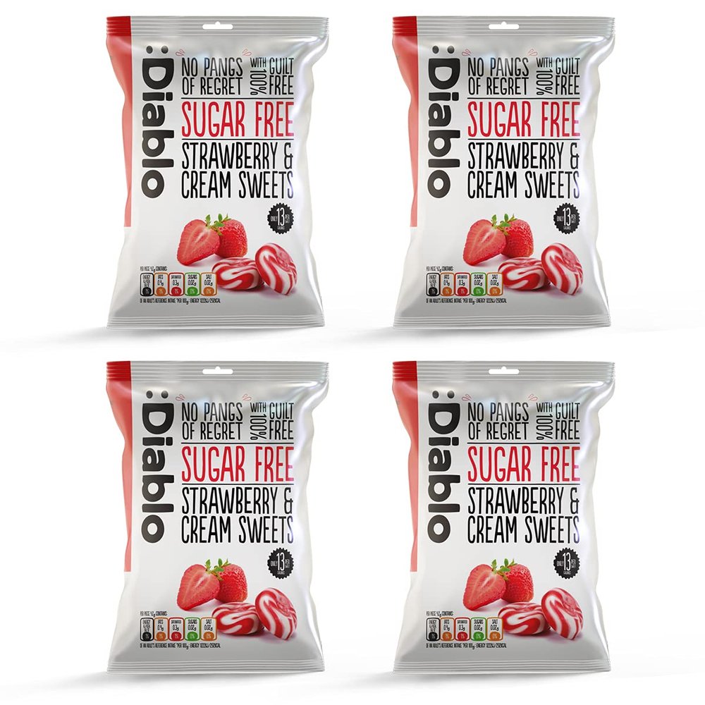 Diablo Sugar-Free Candy Strawberry & Cream, Healthy Sweets Sweetened with Maltitol, Sugar-Free Treats for All Occasions, Ideal for Gift Boxes, Mothers Day & Fathers Day  75g, Pack of 4