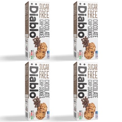 Diablo Sugar Free Chocolate Chip Cookies  Low Sugar Snacks Made with Maltitol, Crunchy Chocolate Flavor Treats for Everyday Snacking, Guilt Free Biscuit Alternative, 130g Pack of 4