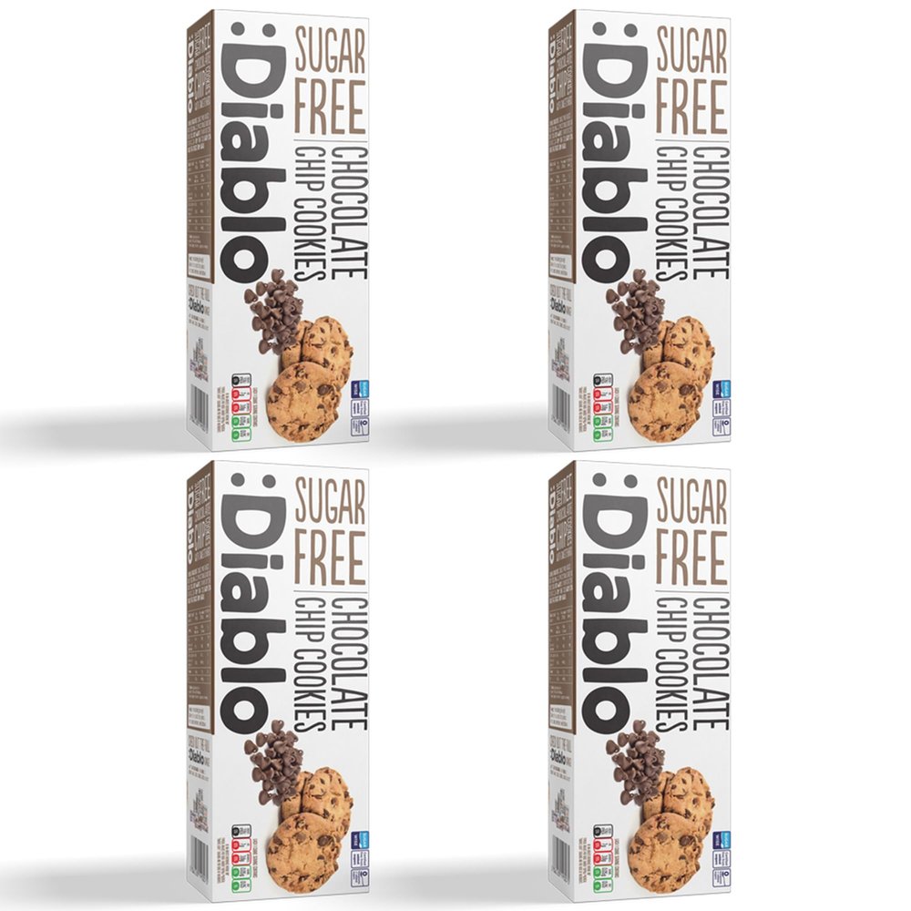 Diablo Sugar Free Chocolate Chip Cookies Low Sugar Snacks Made with Maltitol, Crunchy Chocolate Flavor Treats for Everyday Snacking, Guilt Free Biscuit Alternative, 130g Pack of 4