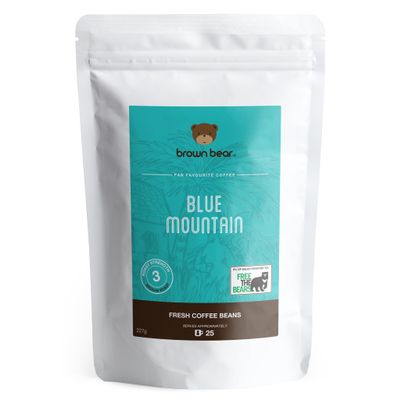 Blue Mountain Blend Coffee Beans 227g - Medium Roast - Brown Bear Coffee - Donation to Free The Bears - Strength 3 - Suitable For All Machines - 100% Arabica