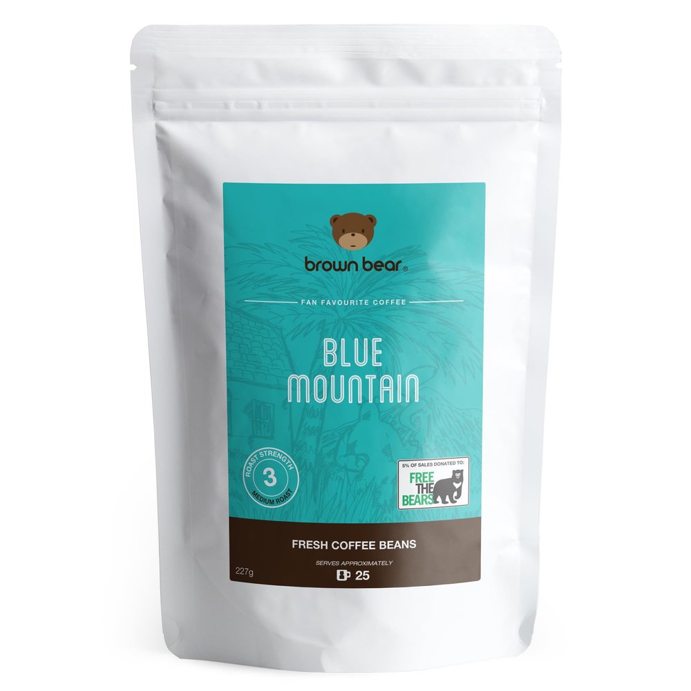 Blue Mountain Blend Coffee Beans 227g - Medium Roast - Brown Bear Coffee - Donation to Free The Bears - Strength 3 - Suitable For All Machines - 100% Arabica