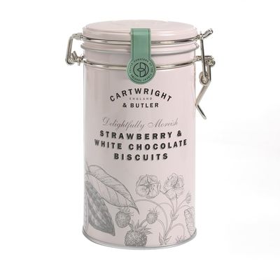 Cartwright & Butler Strawberry and White Chocolate Biscuits Tin | Embossed Clip-Lid Tin | Crisp and Crumbly | No Artificial Flavours or Preservatives | Perfect Gift - Strawberry and White Chocolate