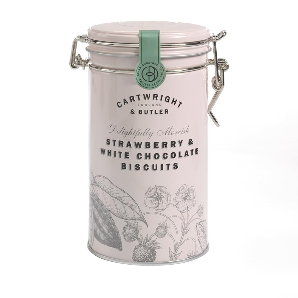 Cartwright & Butler Strawberry and White Chocolate Biscuits Tin | Embossed Clip-Lid Tin | Crisp and Crumbly | No Artificial Flavours or Preservatives | Perfect Gift - Strawberry and White Chocolate