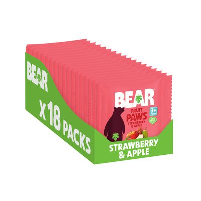 BEAR Strawberry and Apple Paws - Delicious Real Fruit - Suitable for 2+ years - Healthy - 20g (Pack of 18)