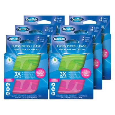 DenTek Floss Picks & Travel Case for On-The-Go, 4 Travel Cases & 12 Floss Picks, 6 Pack