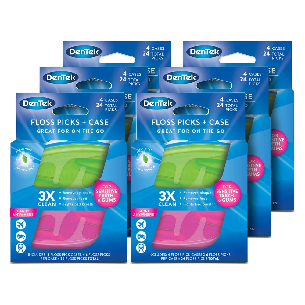 DenTek Floss Picks & Travel Case for On-The-Go, 4 Travel Cases & 12 Floss Picks, 6 Pack