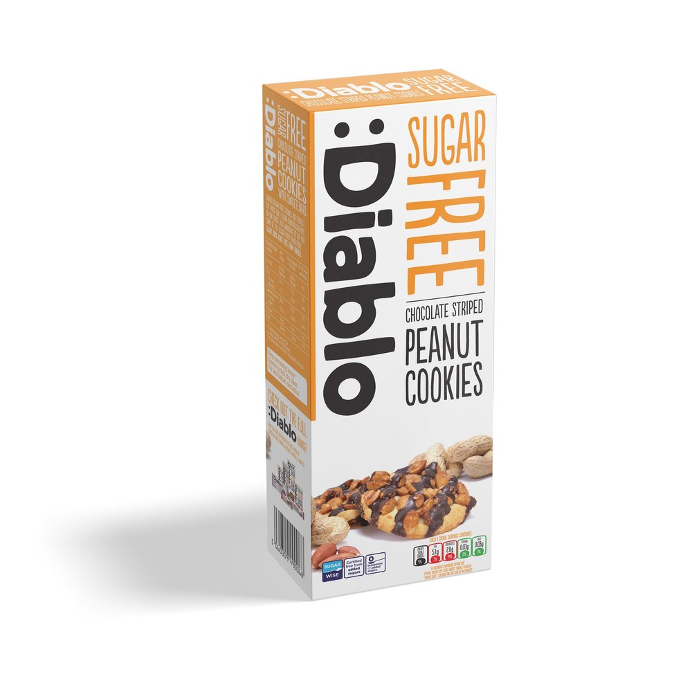 Diablo Sugar Free Cookies  Chocolate Striped Peanut Cookies Biscuits for All, Low Sugar Snacks, Sweetened with Maltitol, Ideal for Gifting, Festive Hampers, Holiday Events & Birthday  150g Pack of 1