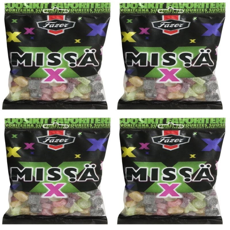 4 x 180g. of Fazer MISS (MISSA) X Finnish Mix of Salmiak & Fruit Wine Gums Liquorice Candy Candies Sweets Bag Wholesale