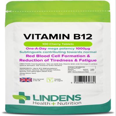 Lindens Vitamin B12 1000mcg Cherry Flavour Sublingual Tablets - 100 Pack - for Red Blood Cell Formation and Fatigue Reduction - Fast Absorption - UK Manufacturer, Letterbox Friendly
