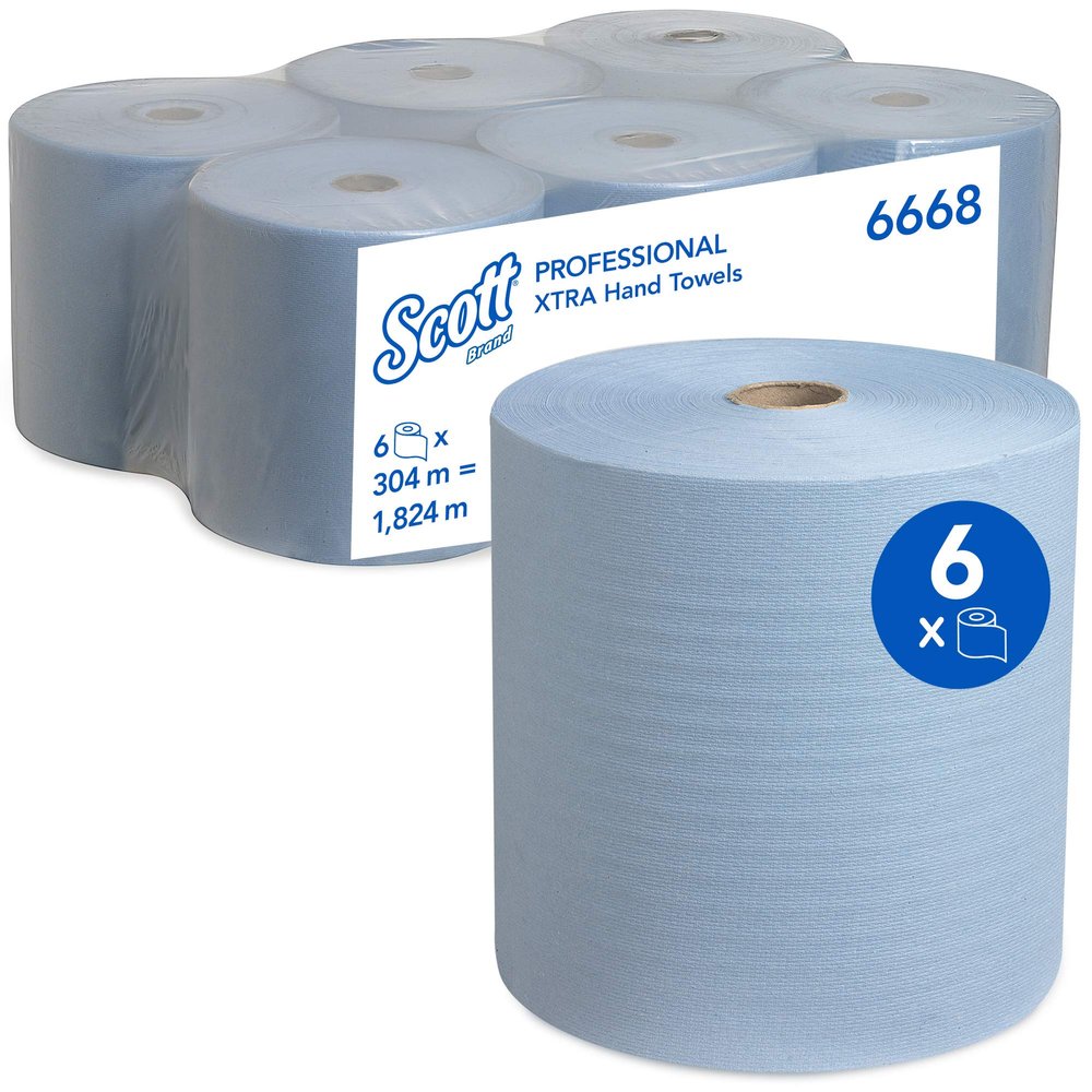 Scott Rolled Paper Hand Towels 6668 Blue 1-Ply Paper Towels for Efficient Hand Drying in High-Use Areas 6 Rolls x 304m (1,824m Total)