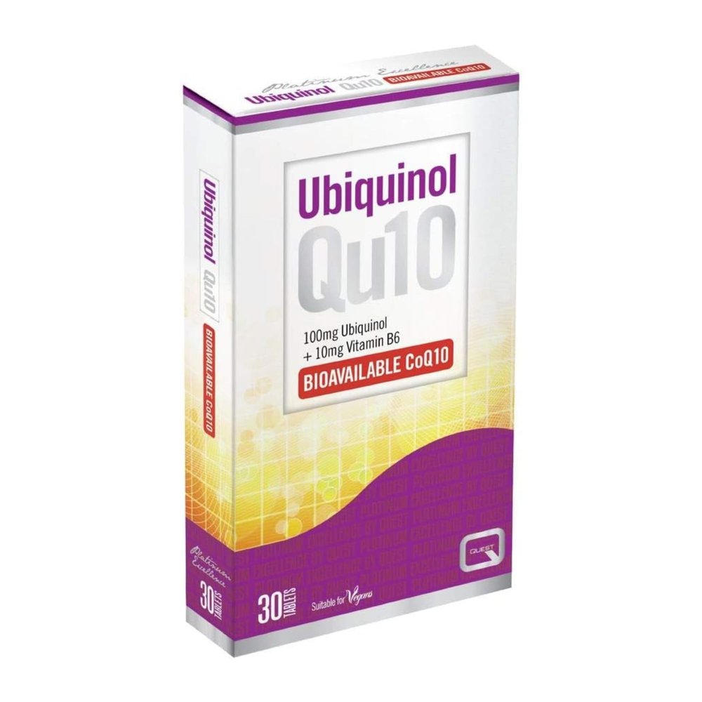 Quest Ubiquinol Qu10 Tablets (Pack of 30) - 100mg CoQ10 + 10mg Vitamin B6 per Tablet. High Strength Q10 Supplements to Reduce Fatigue, Tiredness & Increase Energy Levels. Suitable for Vegans.