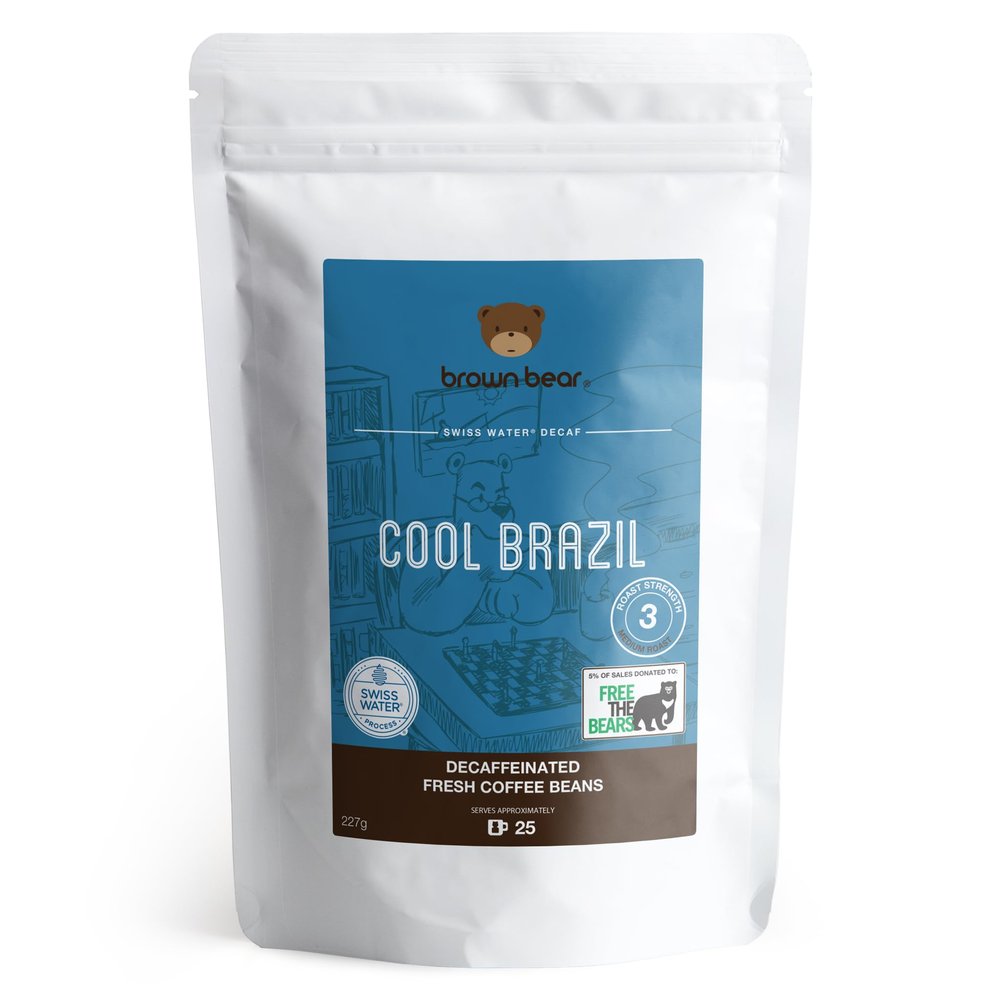 Brazilian Decaffeinated Coffee Beans 227g - Brown Bear Cool Brazil - Swiss Water Decaf Process - For All Coffee Machines - Strength 3 - Medium Roast - 100% Arabica