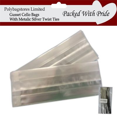100 5" x 3" x 1.5" Clear Food Safe Cellophane/Cello Bags with Crimped Gusset - Ideal for Sweets and Crafts, 4" Metalic Silver Twist Ties WTH This Order
