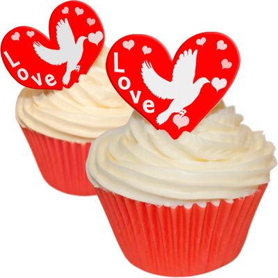 12 Edible Wafer Cake Decorations: Love Dove Hearts