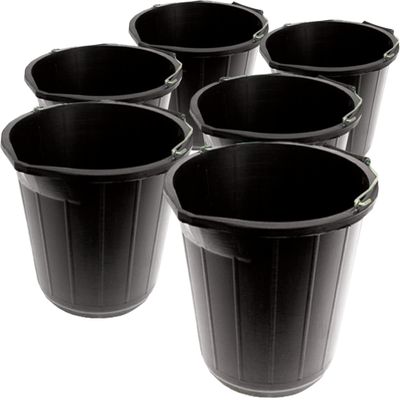 6 x Heavy Duty Black Plastic Builders Bucket 3 Gallon 14 Litre Water Mixing Storage Strong with Handle and Spout Ideal for Construction Trade, Animal Feed, etc Made in U.K.