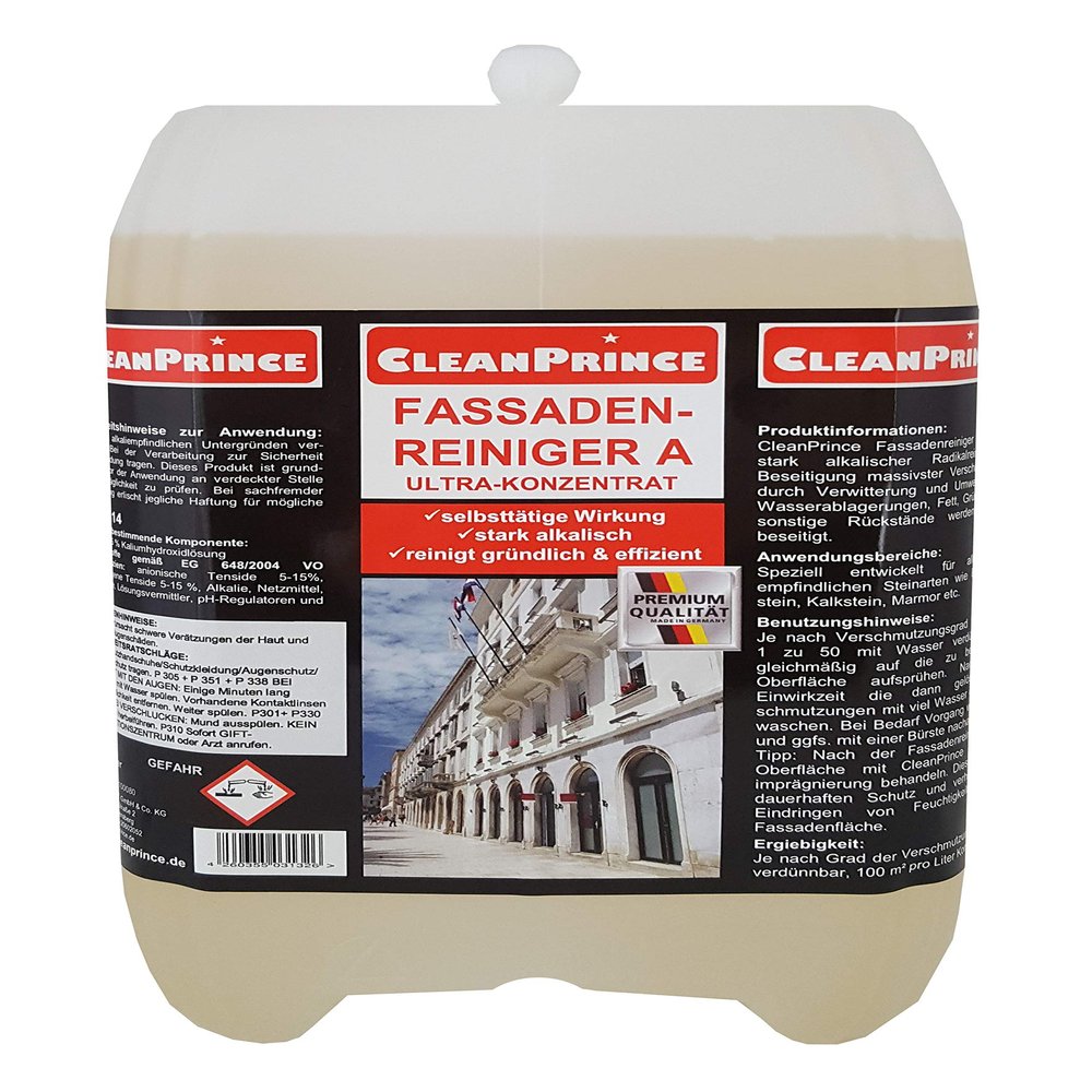 CleanPrince Facade Cleaner, 5 Liters, Ultra-Concentrate Alkaline Exterior Cleanser for All Stone, Concrete Blocks, Lime, Marble etc., Yield 100m2/Liter