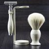 3 Pcs Men's Shaving Set in Ivory. Comes with White Badger Hair Brush,De Safety Razor & Dual Stand. Great as A Gift to Him. view 2