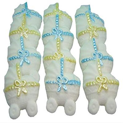 12 White Baby Prams Edible Baby Shower Cupcake Toppers (6 Blue 6 Yellow Ribbons)