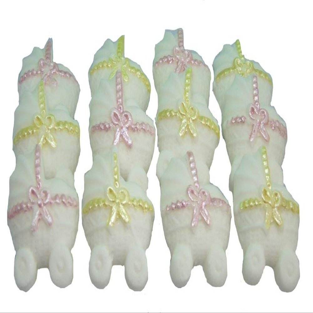 12 White Baby Prams Edible Baby Shower Cupcake Toppers (6 Pink 6 Yellow Ribbons)