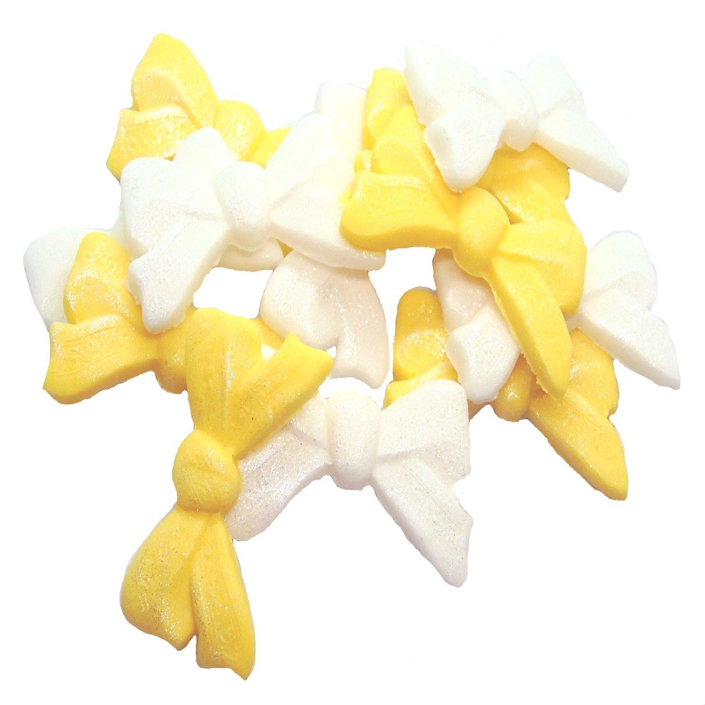 12 Mixed Large Bows Edible Cake Cupcake Topper Decorations (6 White 6 Yellow)